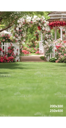 Tło fotograficzne „Różany ogród z białą bramą i altaną” | E673